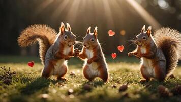 Three playful squirrels surrounded by hearts in a sunlit forest setting. photo