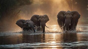 Three elephants wade through a misty river at sunset, creating a serene wildlife scene. photo