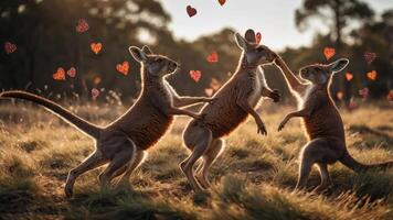 Three kangaroos playfully interacting in a sunlit field, surrounded by floating hearts. photo