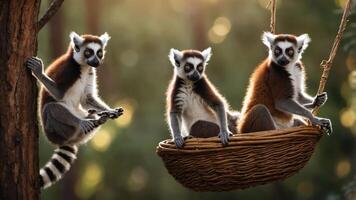 Three lemurs playfully interacting in a natural setting with a basket. photo