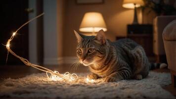 A cat curiously interacts with glowing string lights in a cozy, softly lit living space. photo