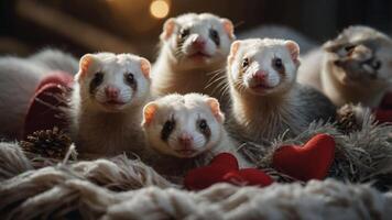 A group of ferrets with heart decorations, creating a cute and playful atmosphere. photo