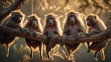 Five baboons sitting on a branch, illuminated by warm sunlight in a natural setting. photo
