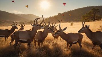 A group of antelopes in a sunlit field, surrounded by a serene landscape. photo