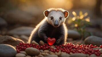 A cute animal holding a red heart among scattered berries and stones in a warm setting. photo