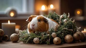 A guinea pig resting in a festive wreath with candles, creating a cozy holiday atmosphere. photo
