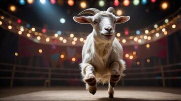 A joyful goat leaps in a vibrant circus-like setting with colorful lights. photo