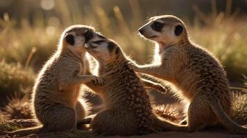Three meerkats interacting in a natural setting, showcasing their social behavior. photo
