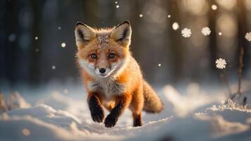 A fox running through a snowy landscape, surrounded by falling snowflakes. photo