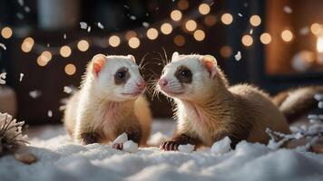 Two ferrets play in a snowy setting with soft lights in the background. photo