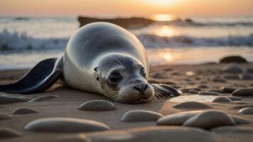 A seal resting on a sandy beach during sunset, with gentle waves in the background. photo
