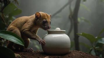 A small animal interacts with a white jar in a misty forest setting. photo