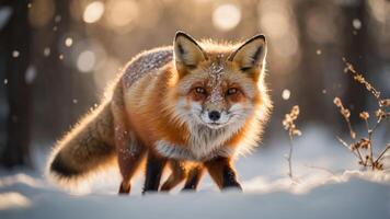 A majestic fox in a snowy forest, illuminated by soft sunlight and surrounded by falling snow. photo
