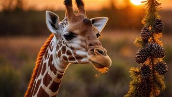 A close-up of a giraffe against a sunset background, highlighting its features and surroundings. photo