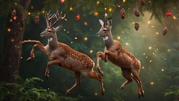 Two deer leaping in a forest setting with festive decorations like pine cones and stars. photo