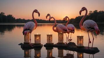 Five flamingos stand by a serene lake at sunset, surrounded by glowing lanterns. photo