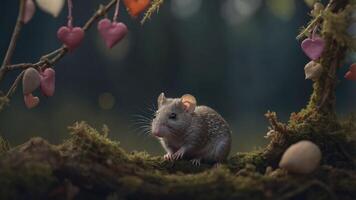 A cute mouse sits on mossy ground surrounded by heart-shaped decorations. photo