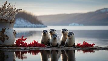 Five seals resting on a log by a serene water body, surrounded by red berries. photo
