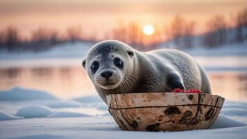 A seal resting on snow with a bowl of red berries, set against a sunset over water. photo