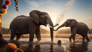 Two elephants playfully interact in a serene water setting during sunset. photo