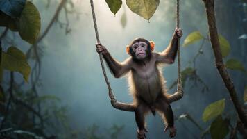 A playful monkey swings on a rope in a lush, misty jungle setting. photo