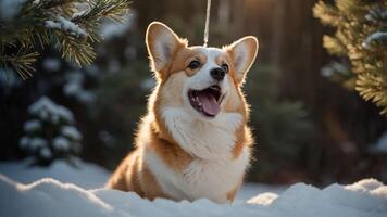 A happy corgi sitting in the snow, enjoying a winter day in a forested area. photo