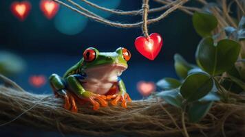 A vibrant frog sits on a rope with glowing heart decorations, creating a whimsical scene. photo
