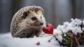 A hedgehog in the snow with a heart-shaped object, evoking warmth and affection. photo