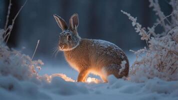 A serene rabbit in a snowy landscape, illuminated softly by light. photo