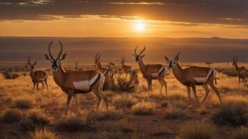 A serene sunset scene with antelopes in a golden landscape. photo