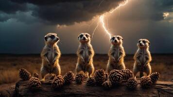 Four meerkats stand on a log with pinecones, illuminated by lightning in a dramatic sky. photo