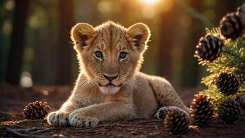 A young lion cub resting among pine cones in a sunlit forest. photo