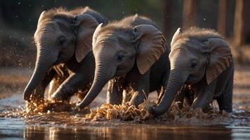Three playful elephants splashing in a muddy waterhole during a sunny day. photo
