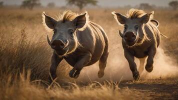Two warthogs running through tall grass at sunset, creating a dynamic and lively scene. photo