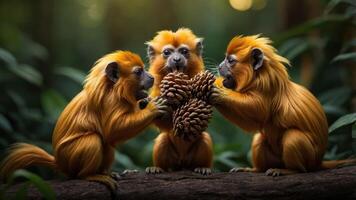 Three golden monkeys playfully interacting with a pine cone in a lush forest setting. photo