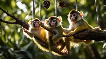 Three playful monkeys hanging on a tree branch in a lush environment. photo