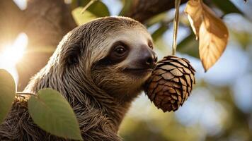 A sloth holding a pine cone while perched on a tree branch, illuminated by sunlight. photo
