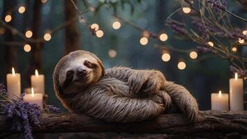 A sloth relaxes on a branch surrounded by candles and soft lighting in a serene forest setting. photo