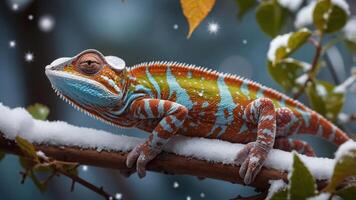 A colorful chameleon resting on a snow-covered branch in a serene winter setting. photo