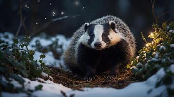 A badger in a snowy forest, surrounded by gentle lights and falling snowflakes. photo