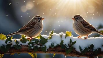 Two birds perched on a snowy branch with sunlight filtering through, creating a serene winter scene. photo