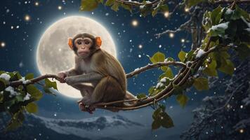 A monkey perched on a branch under a full moon in a snowy landscape. photo