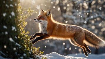 A vibrant red fox leaps through a snowy landscape, surrounded by falling snowflakes. photo