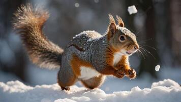 A squirrel dashes through the snow, displaying its agility and vibrant fur. photo