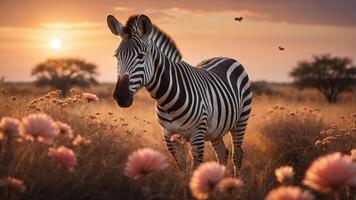 A zebra stands in a field of flowers at sunset, surrounded by a serene landscape. photo