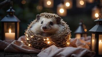 A hedgehog nestled in a cozy nest surrounded by soft lighting and lanterns. photo