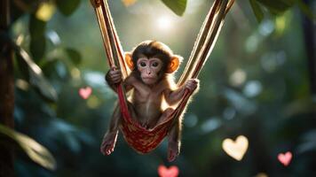 A playful monkey relaxes in a hammock surrounded by greenery and soft light. photo