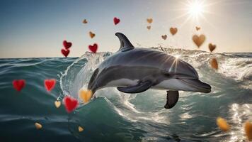 A dolphin leaps from the ocean, surrounded by floating hearts, creating a joyful scene. photo