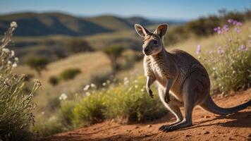 A kangaroo stands on a dirt path surrounded by wildflowers and rolling hills. photo