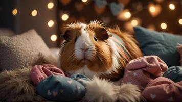 A cute guinea pig resting among colorful cushions and soft textures in a cozy setting. photo